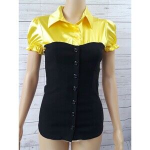 Vtg Fashion magazine Top Blouse Black Yellow Button Front Shiny Sz M